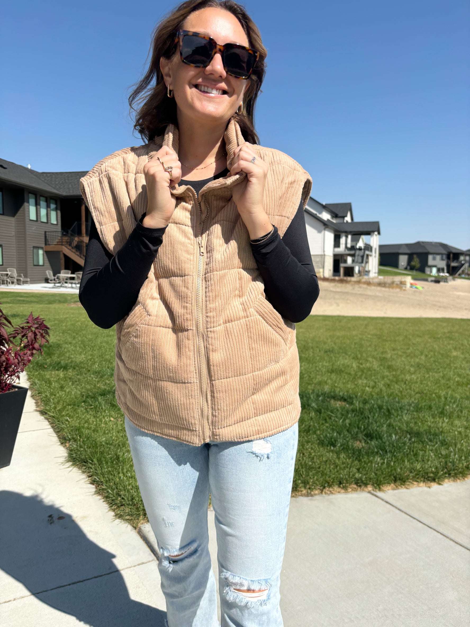 styled view of Joanne corduroy quilted puffer vest, ideal layering piece, shown in size medium