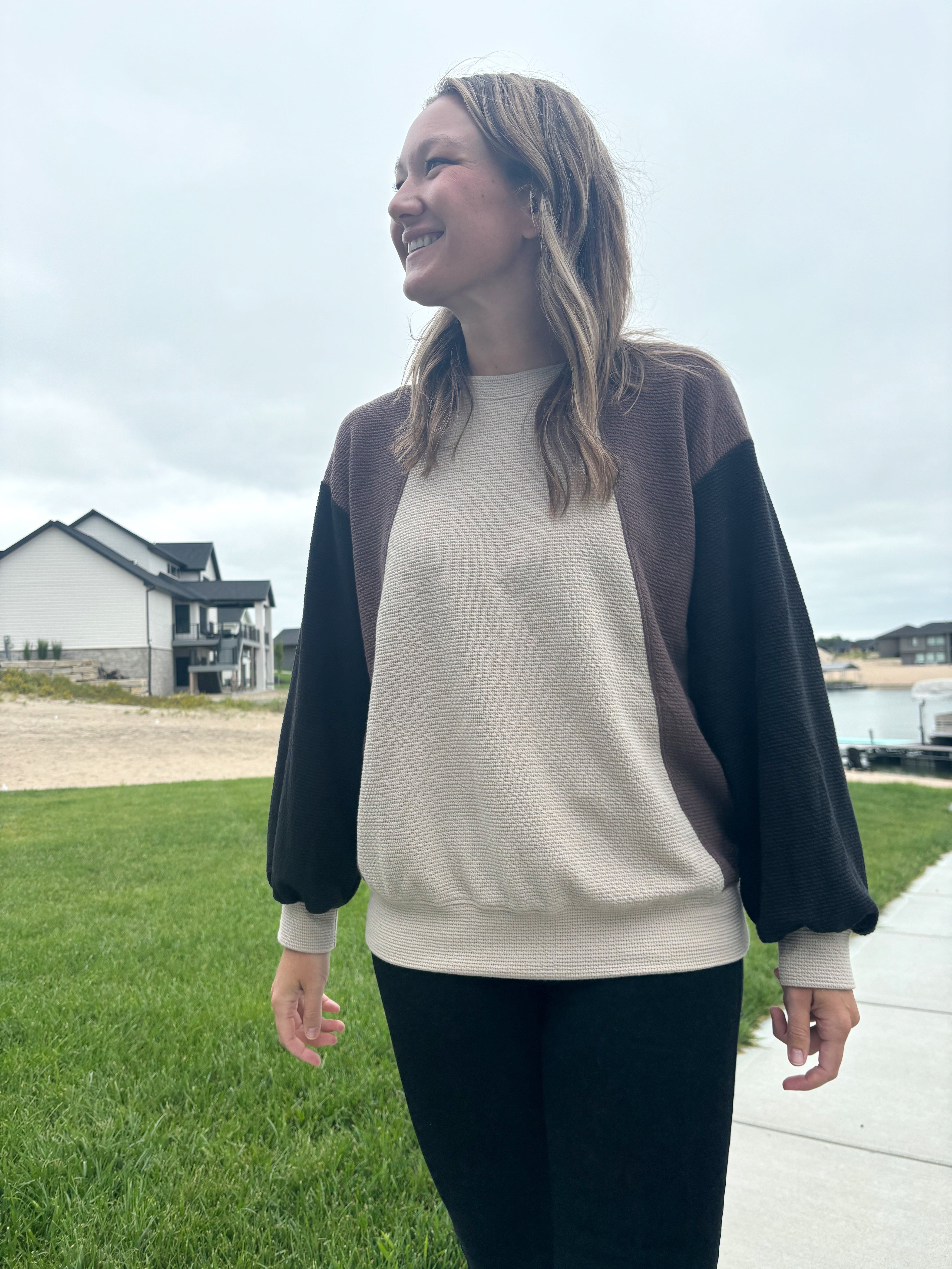 styled view of Neutral color block sweatshirt in taupe, brown, and black, poly/cotton blend, shown in size medium