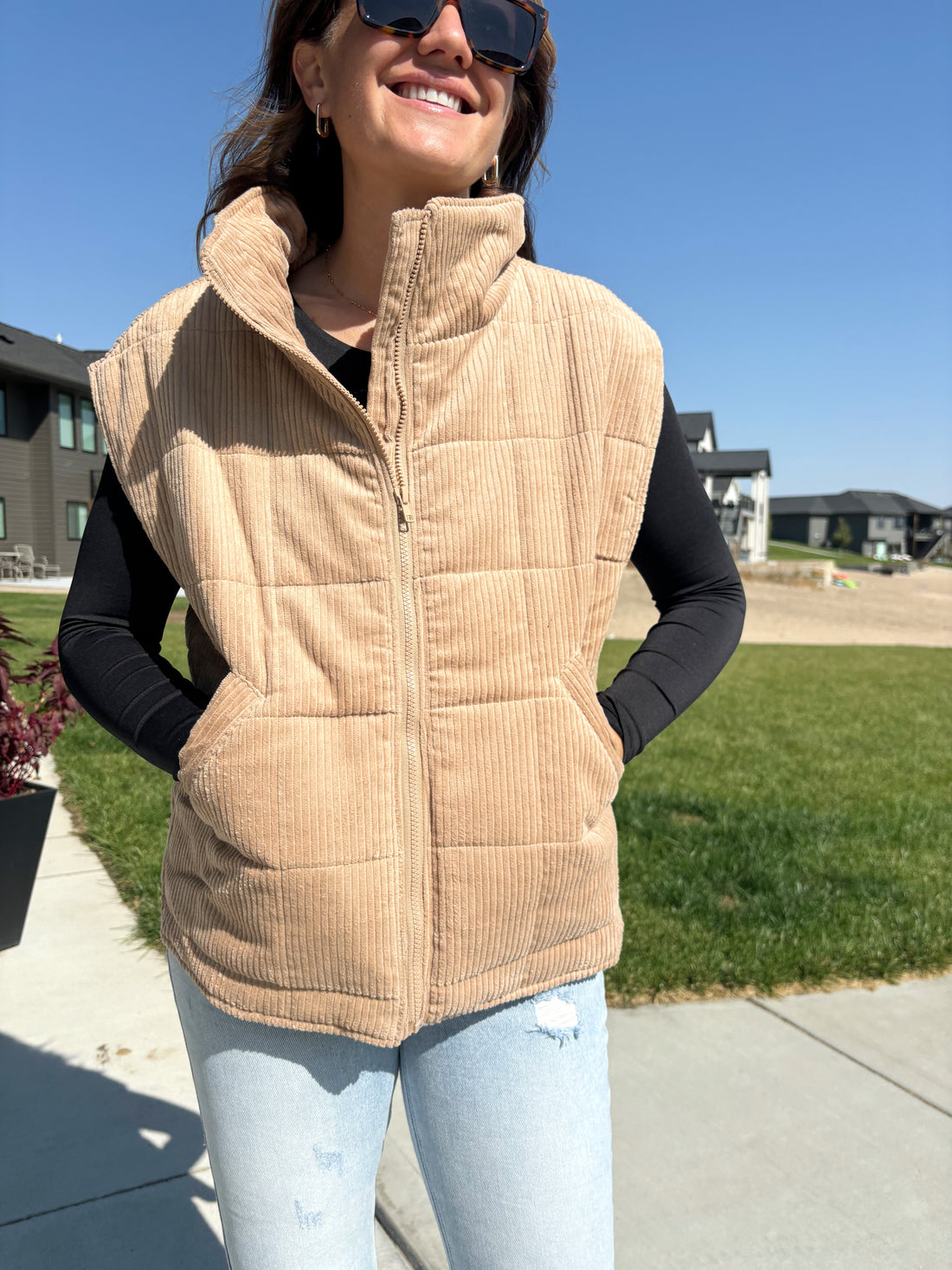 pocket detail of Joanne corduroy quilted puffer vest, ideal layering piece, shown in size medium