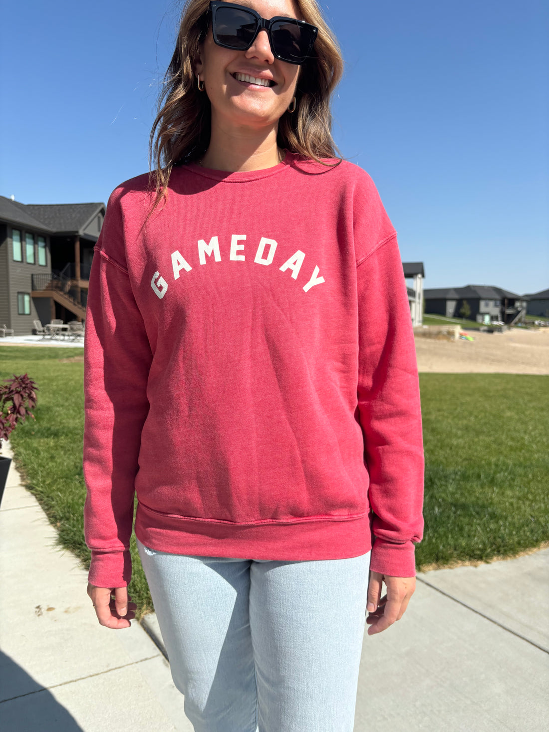 Gameday sweatshirt in mineral scarlet red, brushed fabric, pre-shrunk, shown in size medium, available for oversized fit