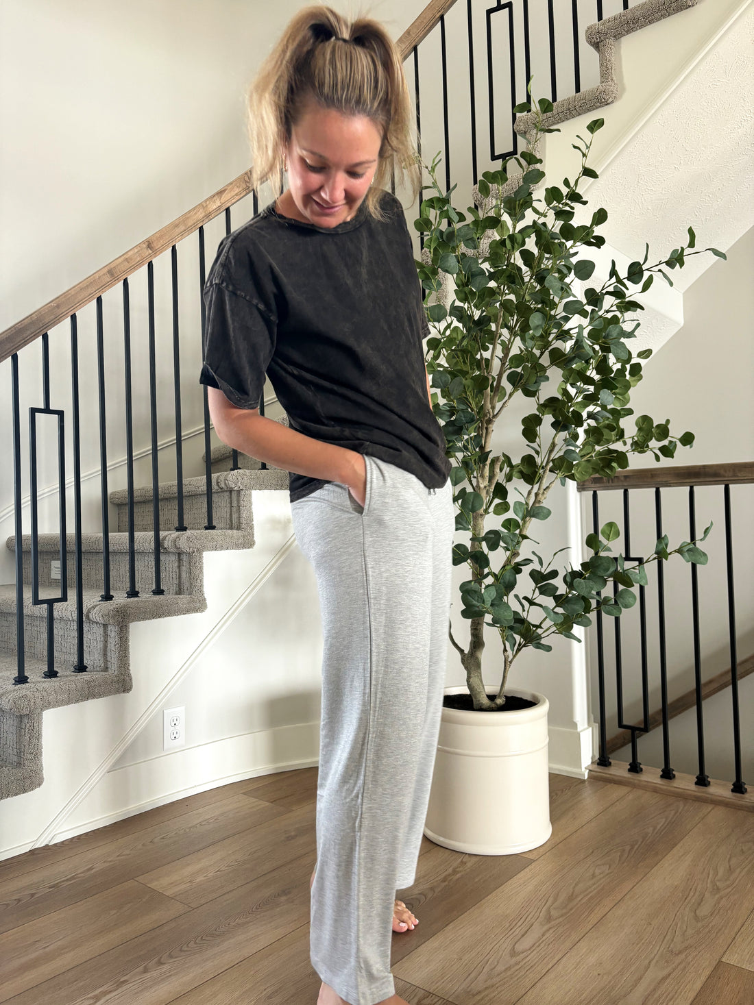 Lincoln mid-rise lounge sweatpants in breathable terry material, flare bottoms, elastic waistband with drawstring, shown in size Medium