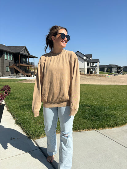 slight side view of Winona plush mineral wash sweatshirt in taupe, brushed fabric, pre-shrunk, shown in size large for oversized fit