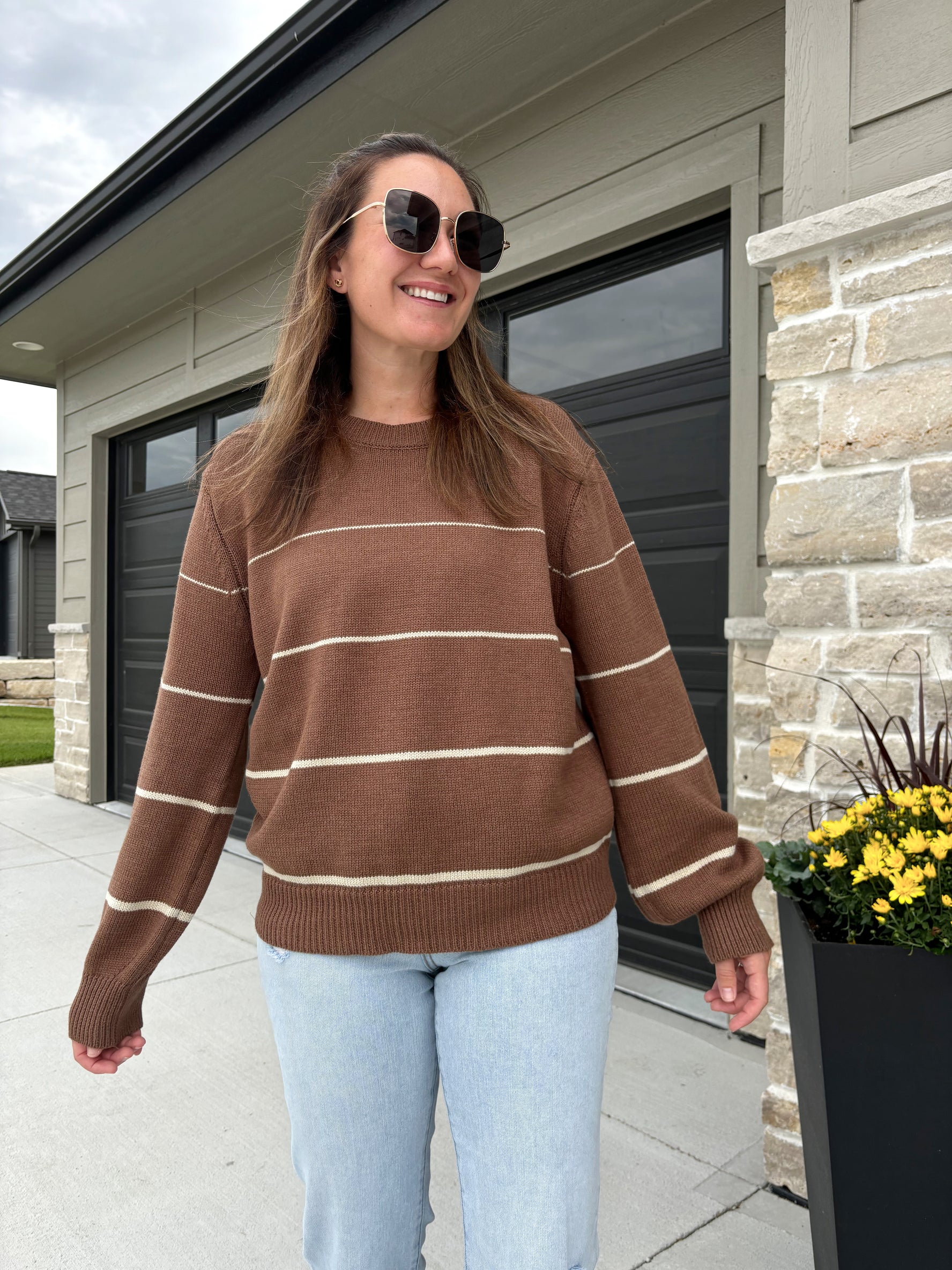 Lillian lightweight sweater in espresso and taupe, 60% cotton/40% acrylic, shown in size medium