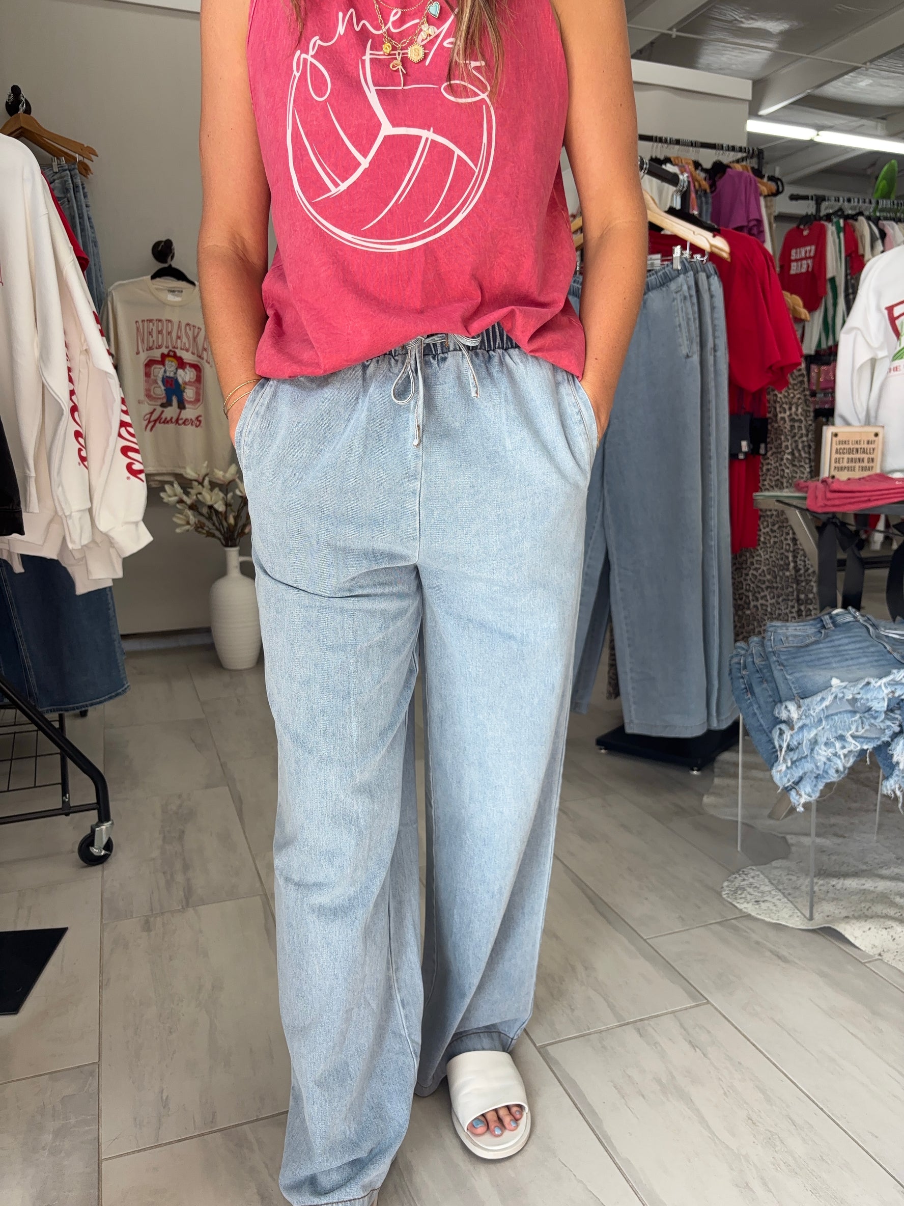 Elastic Denim Pants