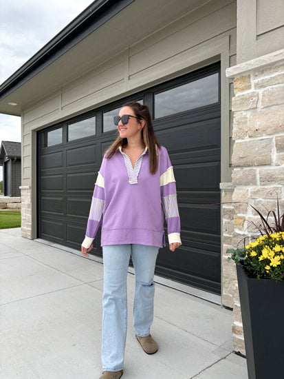 Jenness lavender and white polo sweater, cotton/poly blend, shown in size small