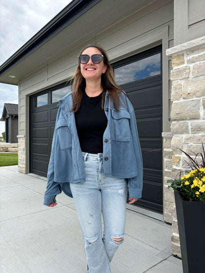 styled view of Hampden loose fit button-down fleece shacket in steel blue, 100% polyester, shown in size medium