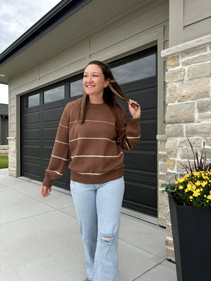 styled view of Lillian lightweight sweater in espresso and taupe, 60% cotton/40% acrylic, shown in size medium