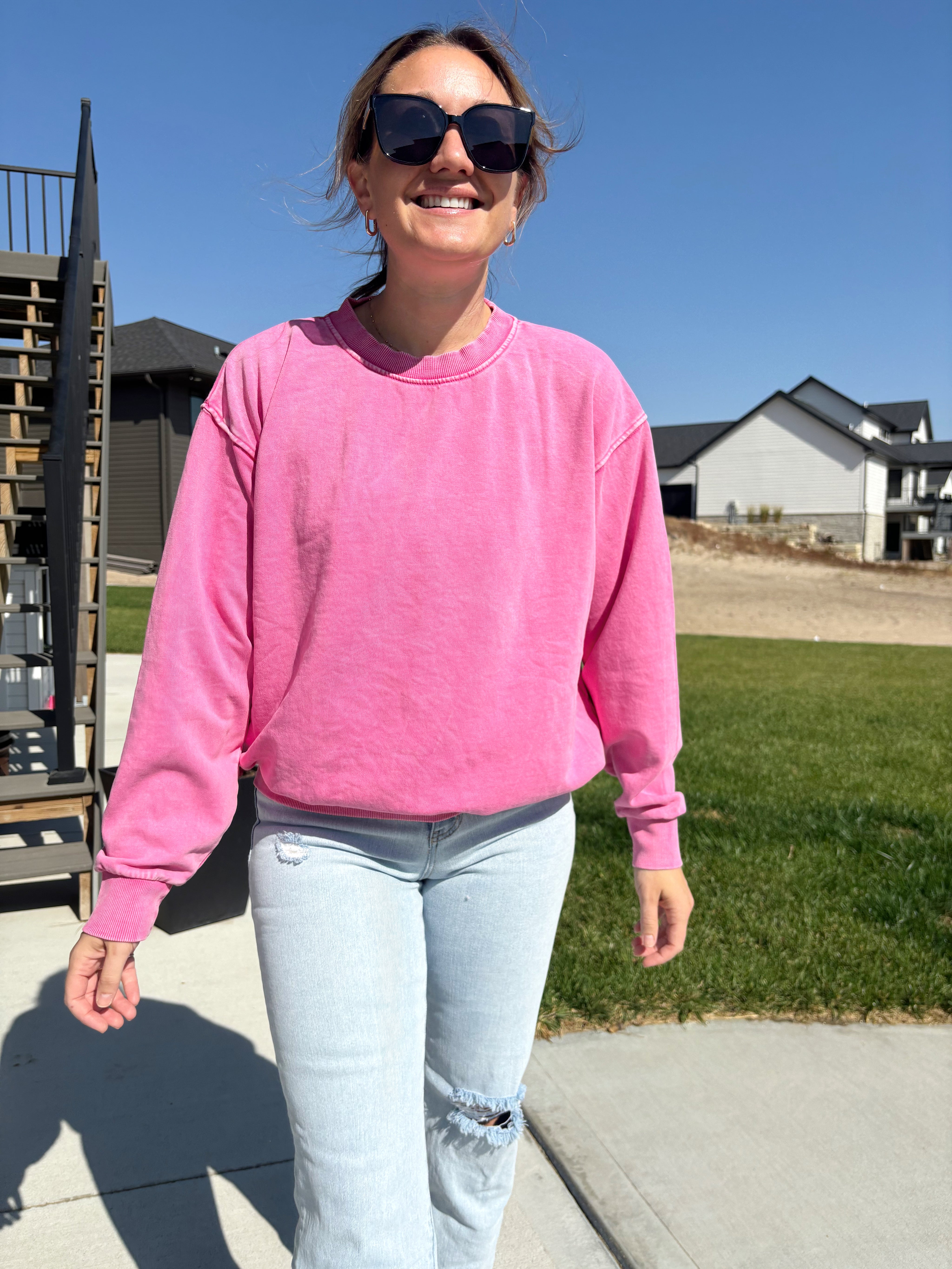 Winona plush mineral wash sweatshirt in bubblegum pink, brushed fabric, pre-shrunk, shown in size medium