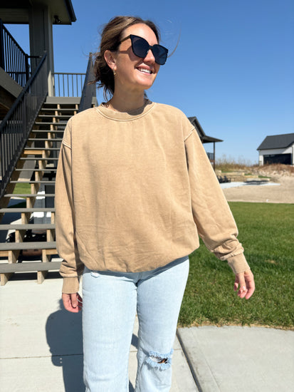 Winona plush mineral wash sweatshirt in taupe, brushed fabric, pre-shrunk, shown in size large for oversized fit