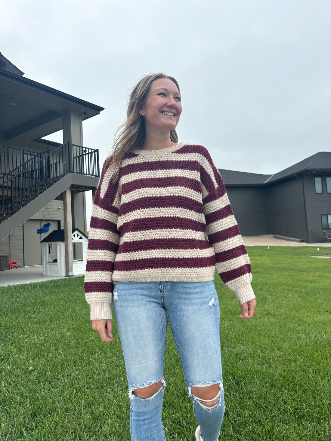 Pearl maroon and cream striped knit sweater, round crewneck, acrylic/nylon/poly blend, shown in size small