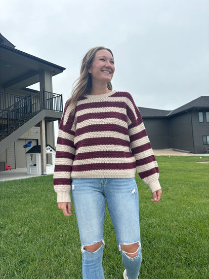 Pearl maroon and cream striped knit sweater, round crewneck, acrylic/nylon/poly blend, shown in size small