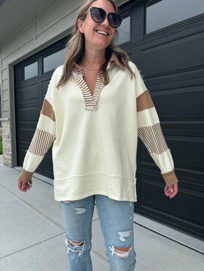 styled view of Jenness taupe and mocha polo sweater, cotton/poly blend, shown in size small