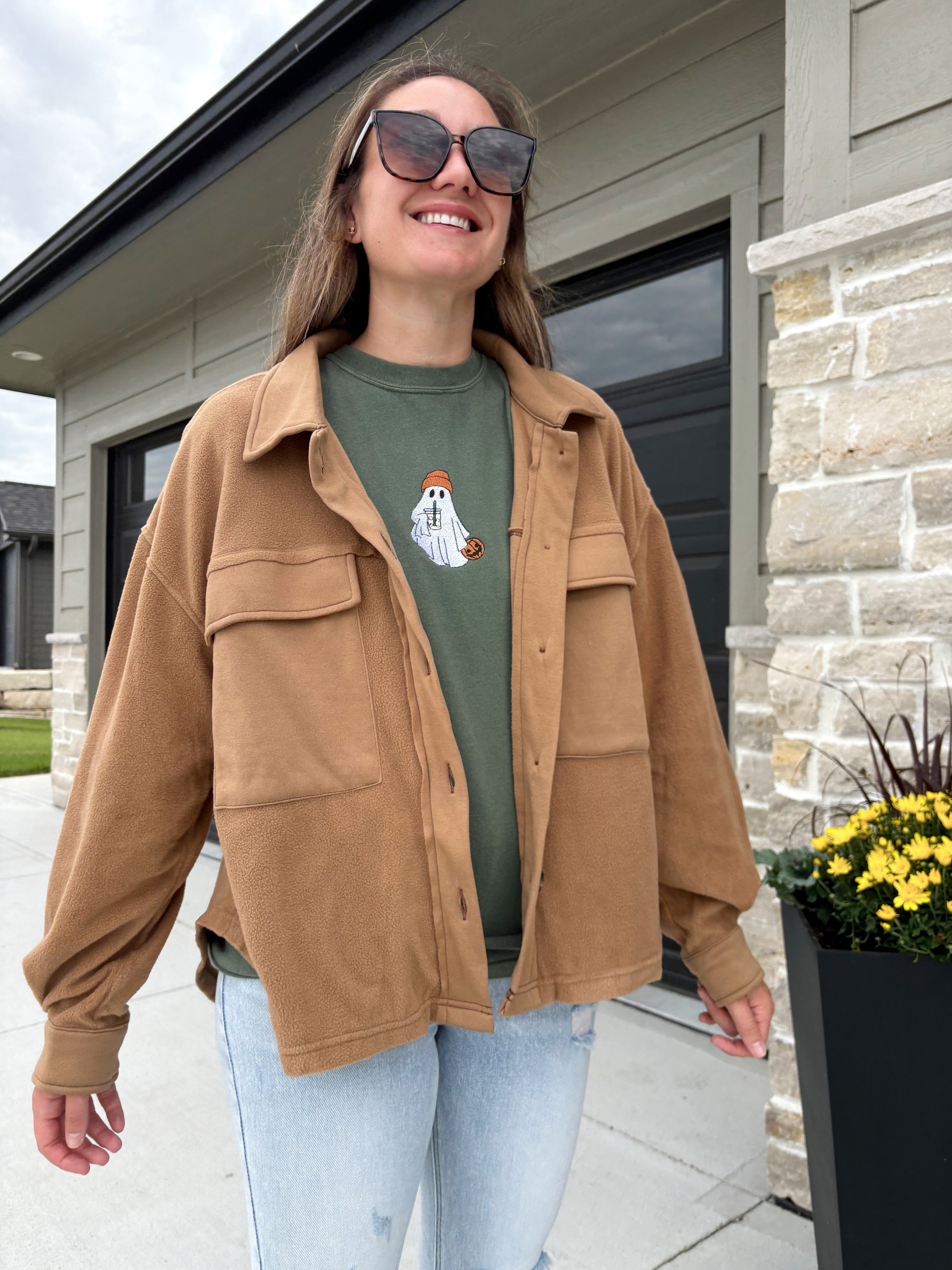 Hampden loose fit button-down fleece shacket in camel, 100% polyester, shown in size small