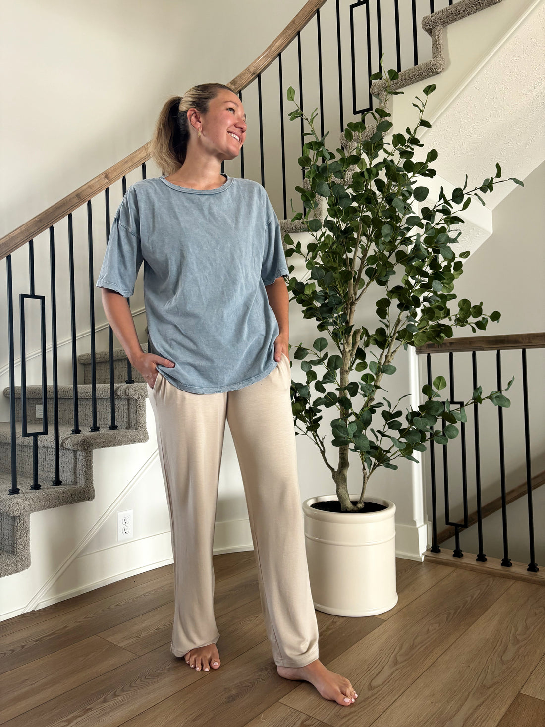 alternate front v iew of Lincoln mid-rise lounge sweatpants in breathable terry material, flare bottoms, elastic waistband with drawstring, shown in size Medium