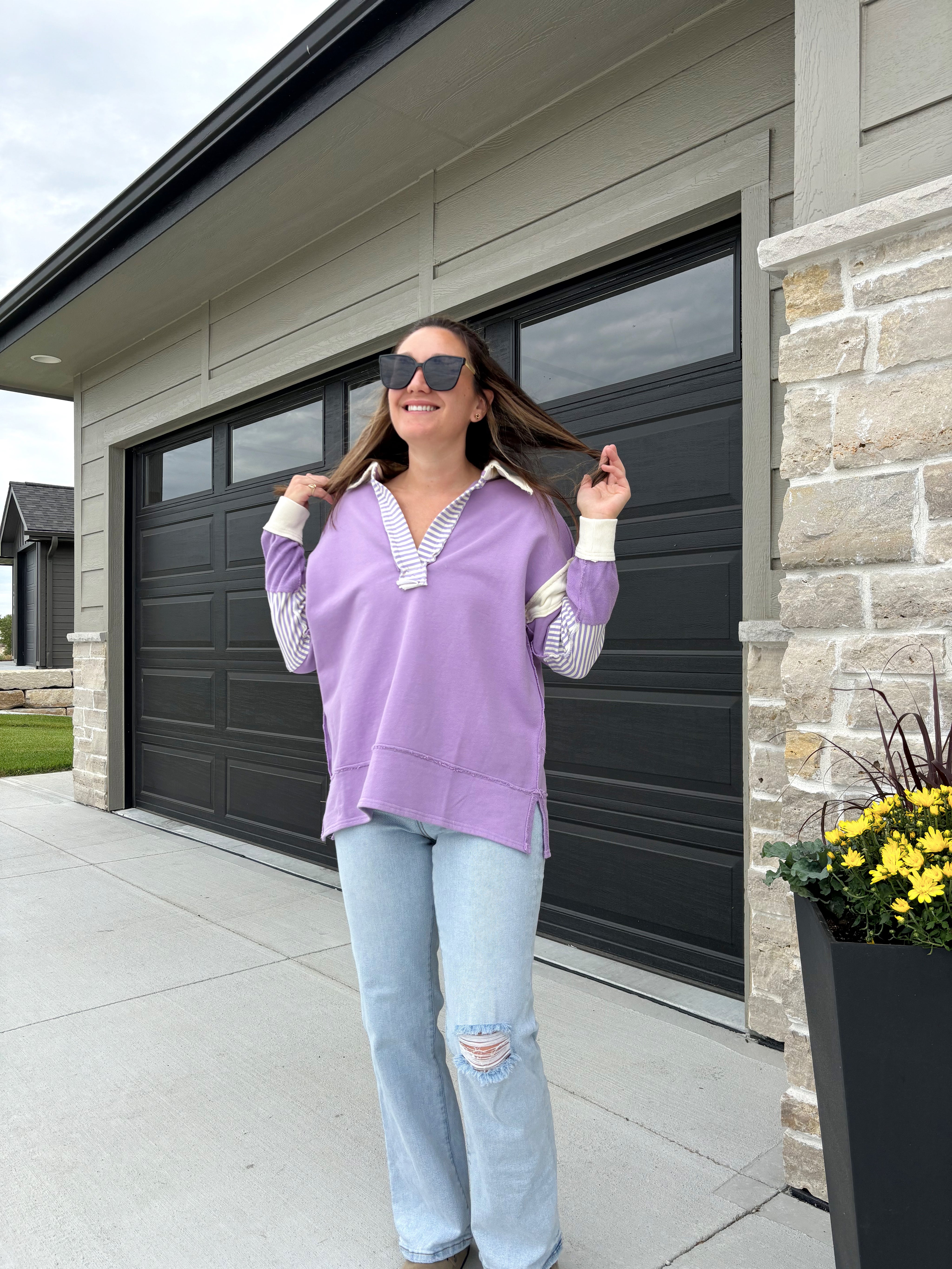 alternate view of Jenness lavender and white polo sweater, cotton/poly blend, shown in size small