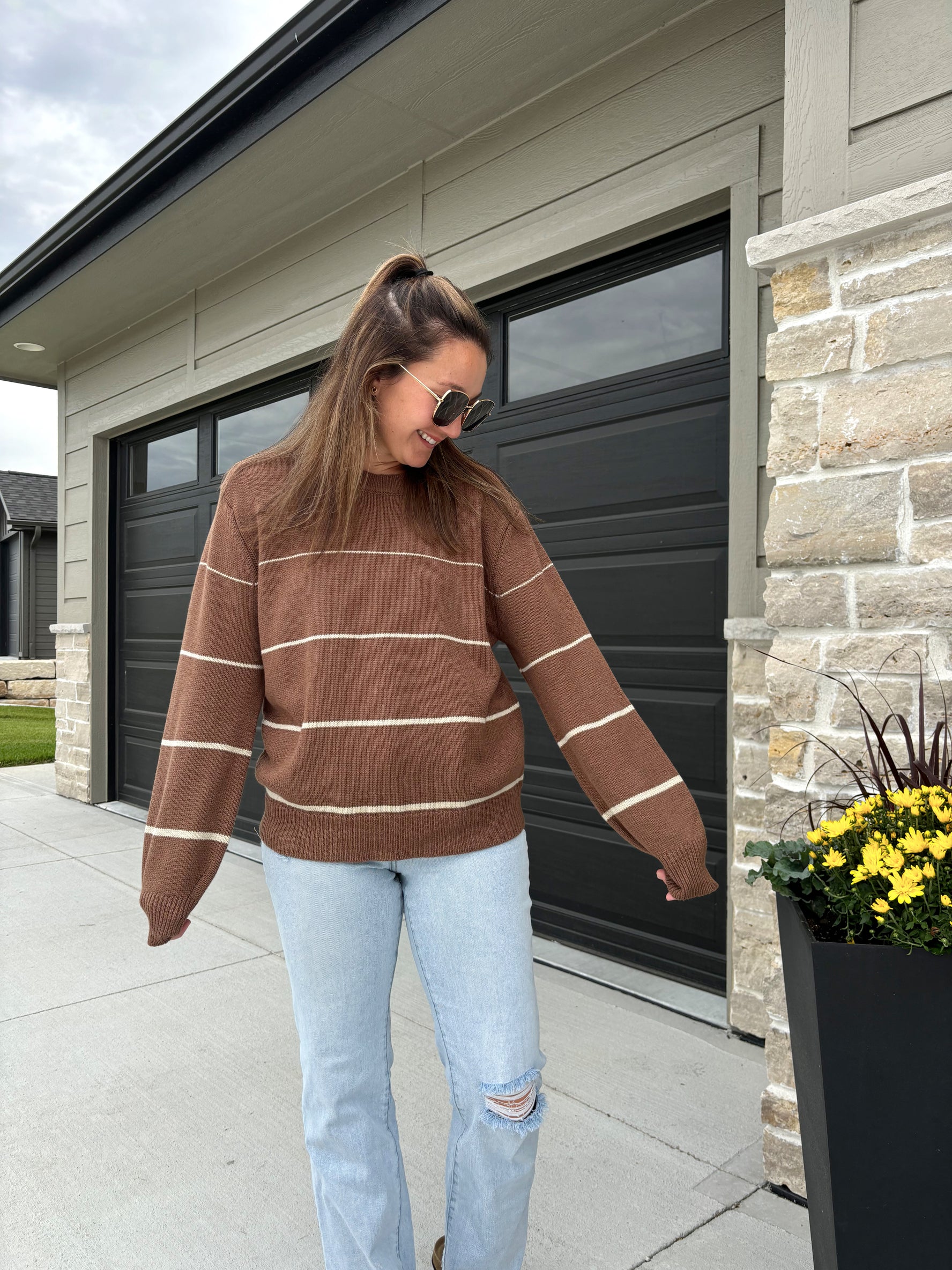 sleeve detail of Lillian lightweight sweater in espresso and taupe, 60% cotton/40% acrylic, shown in size medium