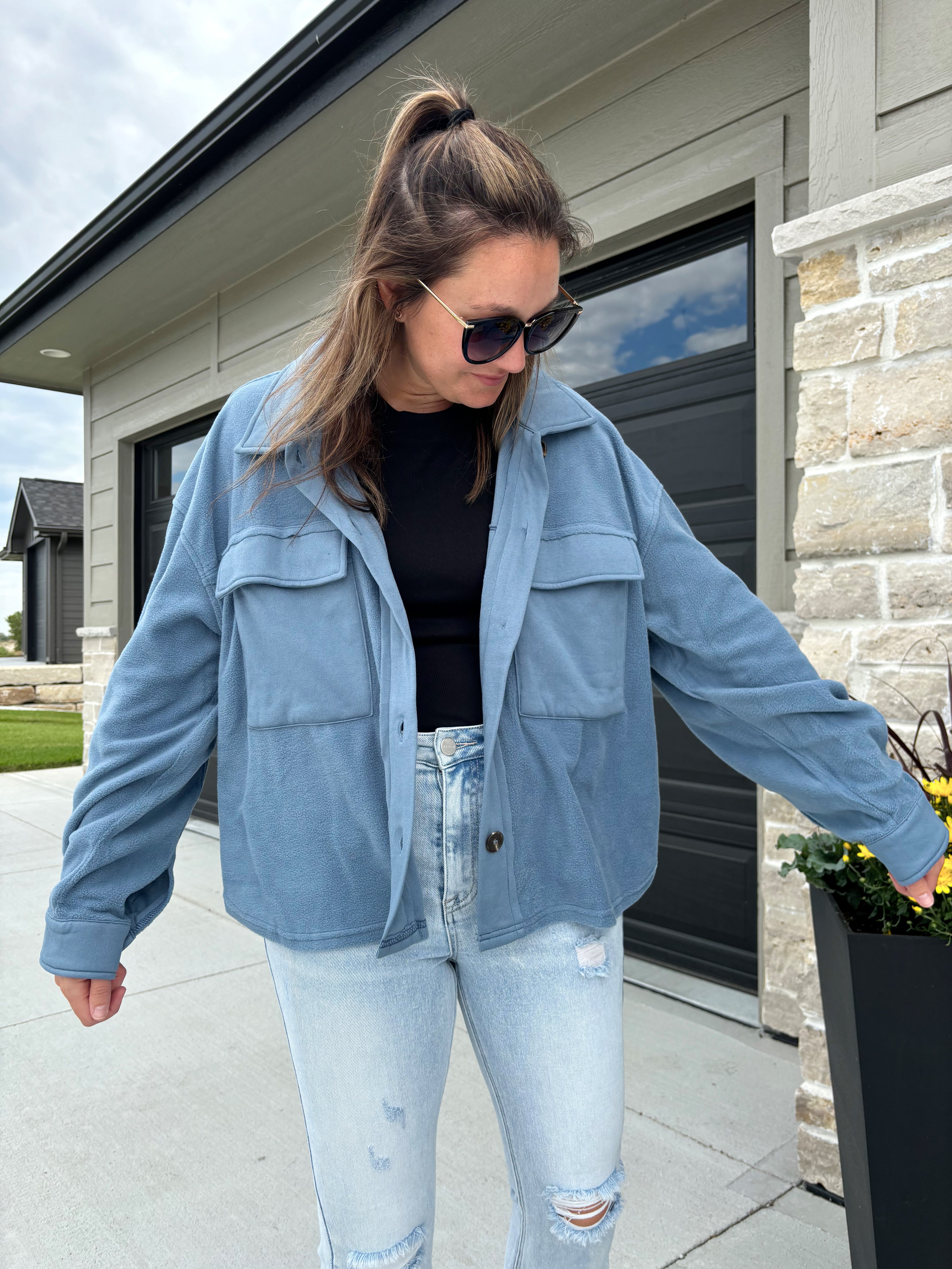 Hampden loose fit button-down fleece shacket in steel blue, 100% polyester, shown in size medium