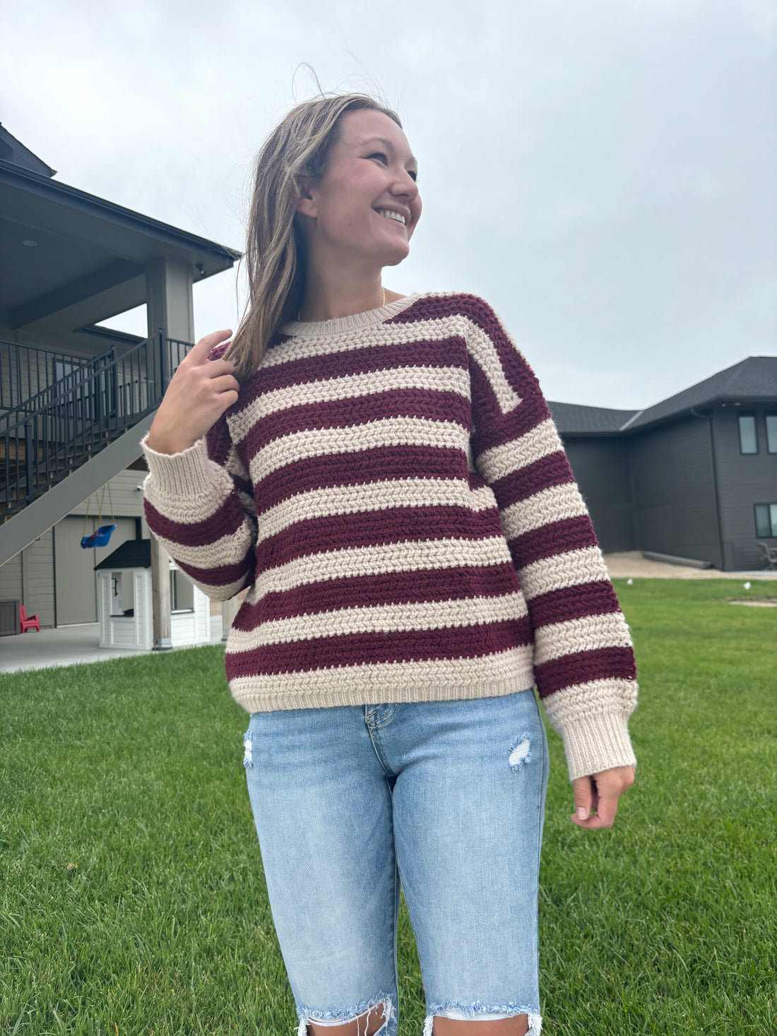 alternate view of Pearl maroon and cream striped knit sweater, round crewneck, acrylic/nylon/poly blend, shown in size small