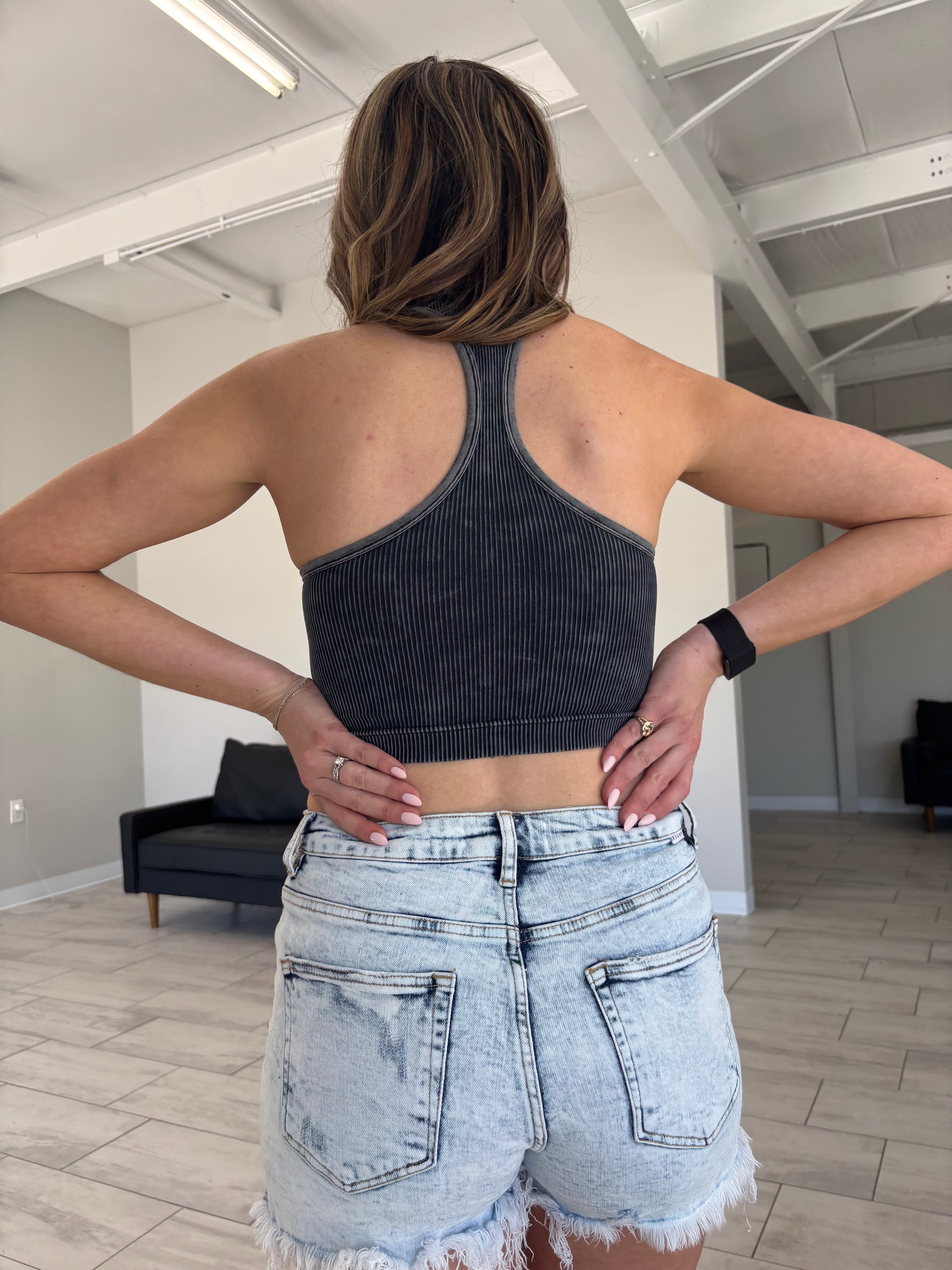 Washed Ribbed Cropped Tank - BLACK