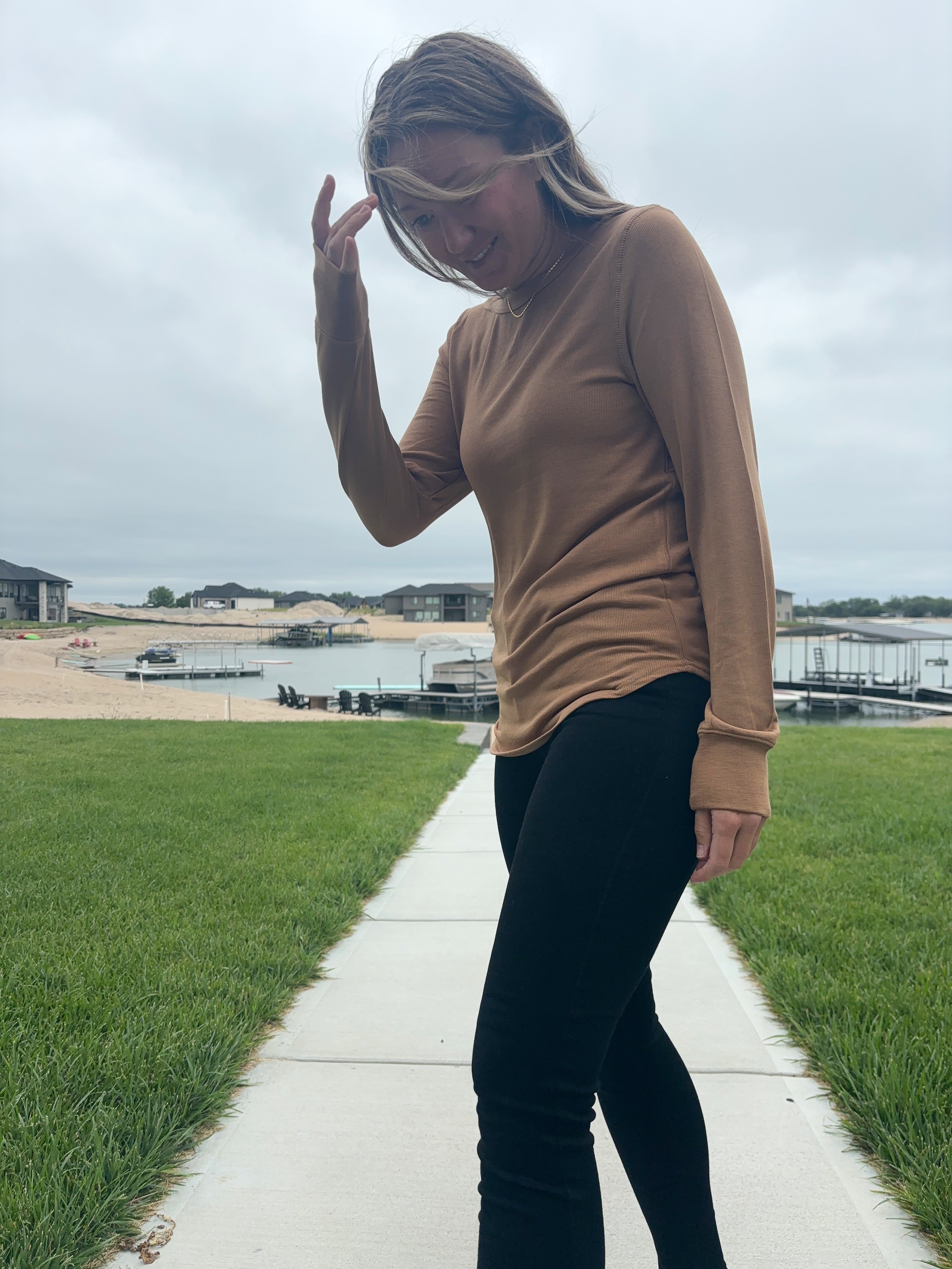 styled view of Ash Hill camel long sleeve top, comfortable modal fabric, shown in size medium