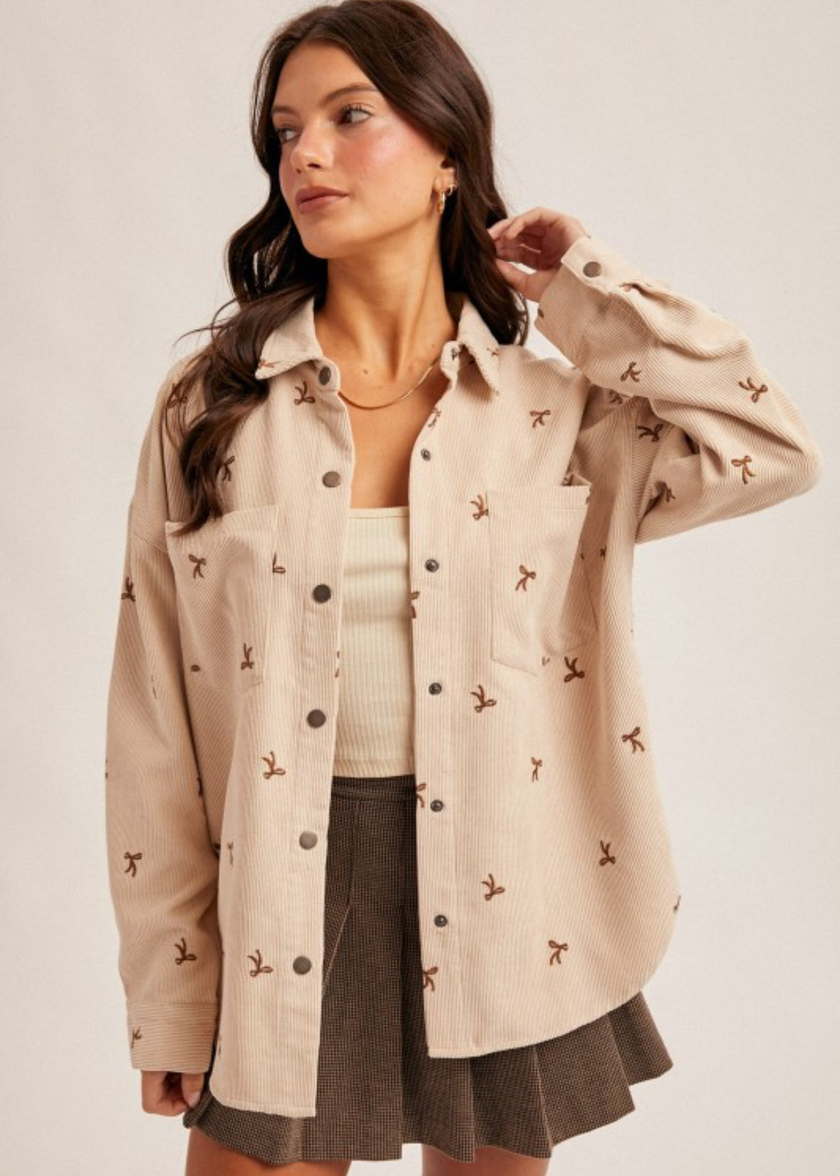 **PRE ORDER** TAUPE Corduroy Bow Embroidered Shirt