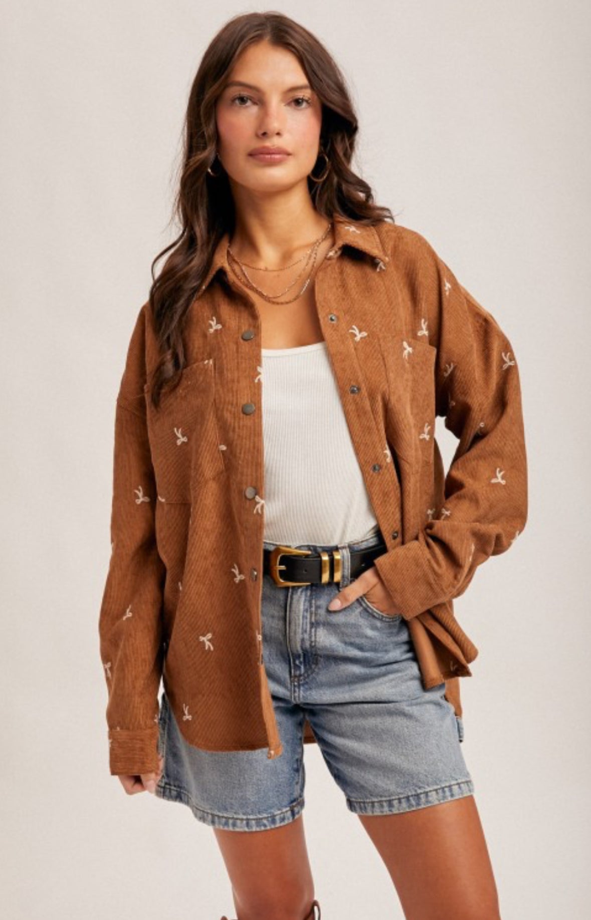 *PRE ORDER** CAMEL Corduroy Bow Embroidered Shirt