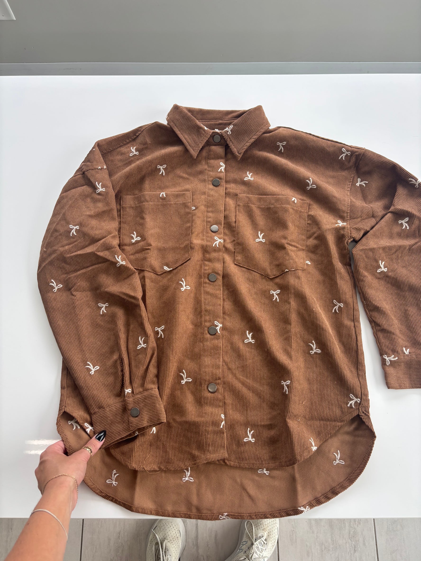 *PRE ORDER** CAMEL Corduroy Bow Embroidered Shirt