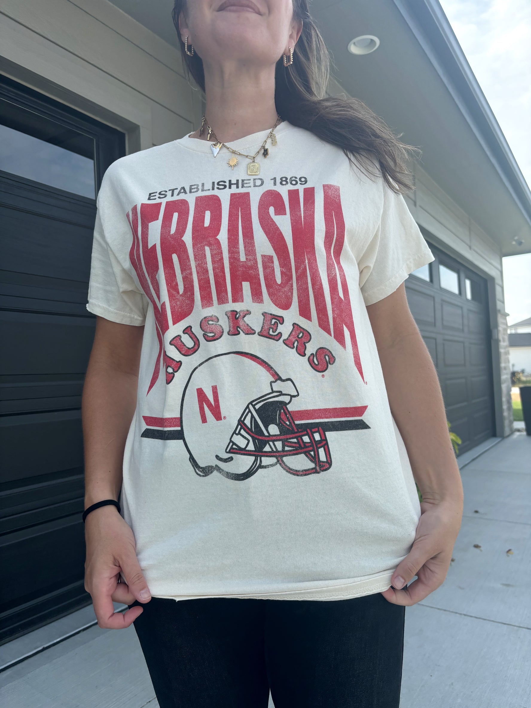 alternate view of Nebraska Huskers distressed helmet tee, oversized fit, pre-shrunk 100% cotton, officially licensed, shown in size small