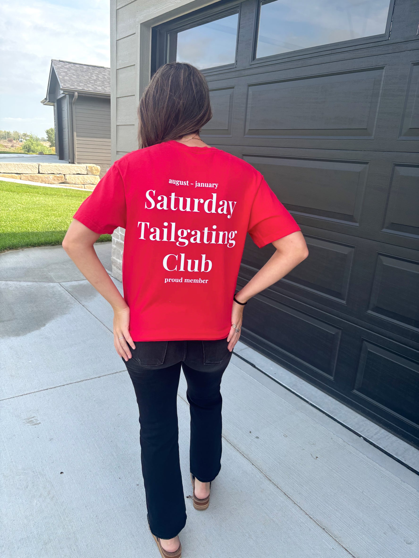 back view of Saturday Tailgating Club red Comfort Colors tee, shown in size medium