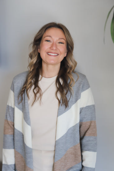 Parmenter chevron sweater cardigan in heather grey and cream, neutral palette, shown in size small